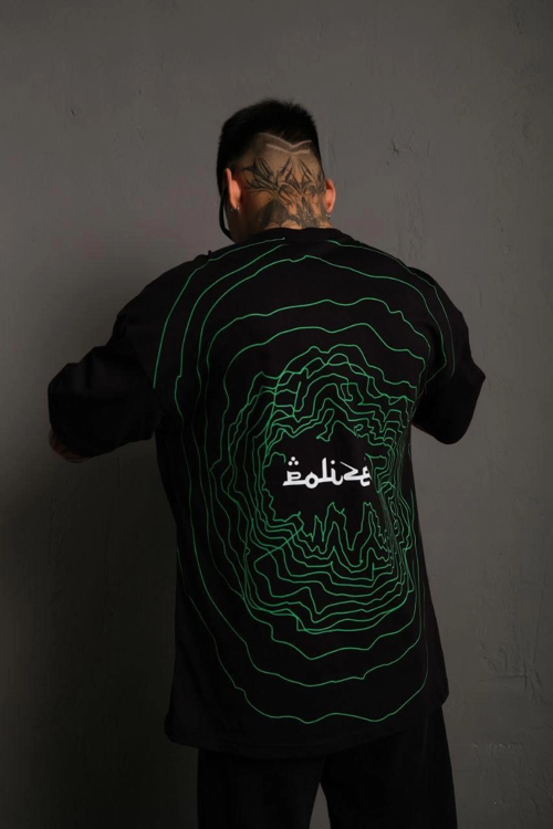 Bisiklet Yakalı Sırt Baskılı Oversize T-Shirt - Siyah