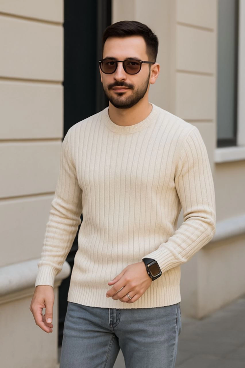 Bisiklet Yuvarlak Yaka Triko Kazak Pamuklu Kalın Fitilli Dokuma, Regular Fit Uzun Kollu Kışlık M