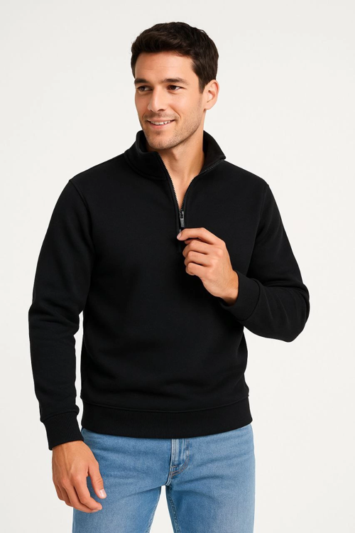 Dik Yaka Sweatshirt Dik Yaka Yarım Fermuarlı 3 İplik Şardonlu Pamuk Kumaş - Siyah