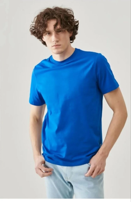 Düz Biskilet Yaka Oversize T-shirt - Mavi