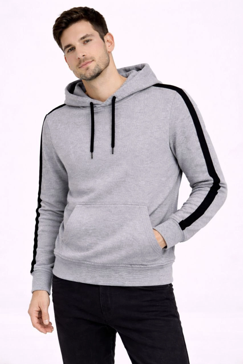Erkek Şeritli Kapüşonlu Sweatshirt Oversize 3 iplik Pamuklu - Gri