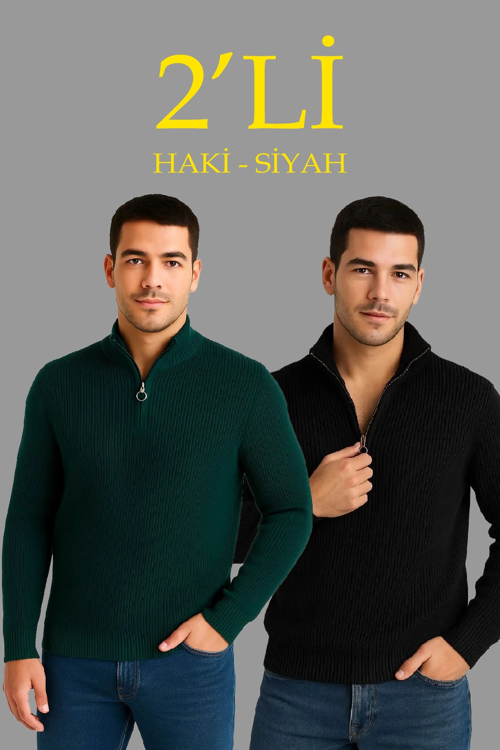 Fitilli Triko Kazak 2’li Set – Siyah Haki Kalın Dokuma Pamuklu Regular Fit V Yaka Fermuarlı U