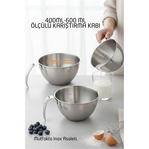 Inox Çelik Profesyonel Ölçülü Karıştırma Kabı Seti -400-600 ml Sos & Hazırlık Şefi Seris