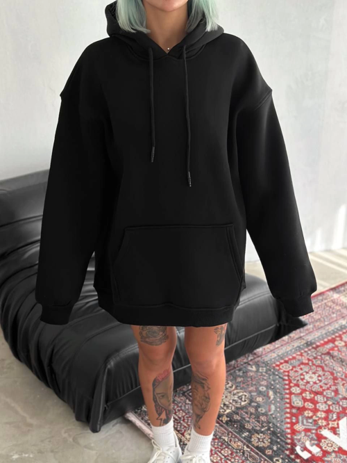 Kapüşonlu Üç İplik Penye Basic SweatShirt - Siyah