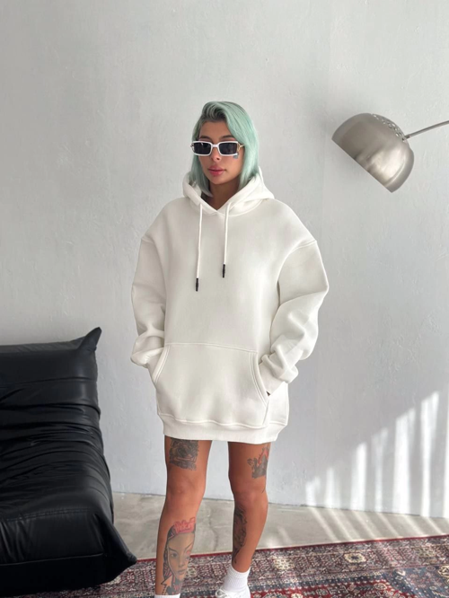 Kapüşonlu Üç İplik Penye Basic SweatShirt - Beyaz