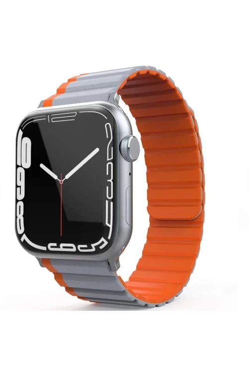 Movenchy Apple Watch 42Mm Mo-Wb1 Çift Renk Mıknatıslı Silikon Kordon - Gri-Turuncu