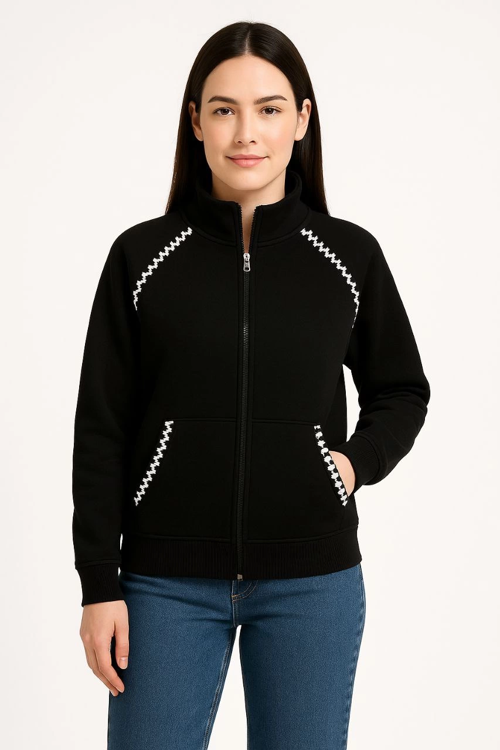 Oversize Dik Yaka Fermuarlı Sweatshirt - Zincir Nakışli Kanguru Cepli, - Siyah