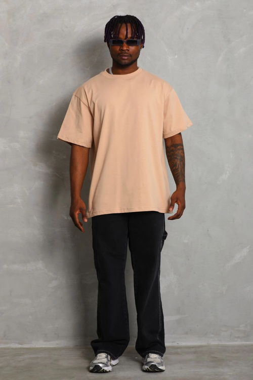Oversize Düz Bisiklet Yaka T-Shirt - Bej