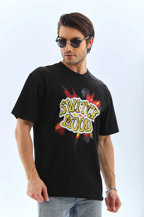 Oversize Baskılı Bisiklet Yaka T-Shirt - Siyah
