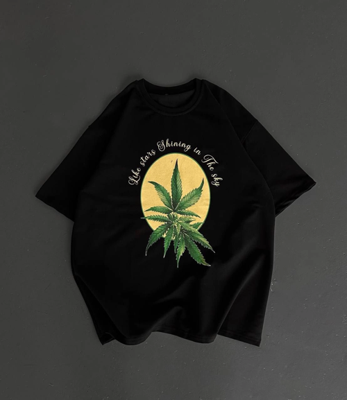 Ön ve Arka Baskılı Oversize Bisiklet Yaka T-shirt- Siyah