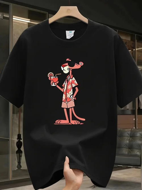 Pembe Panter Baskılı Oversize Günlük Kısa Kollu Tişört- Siyah