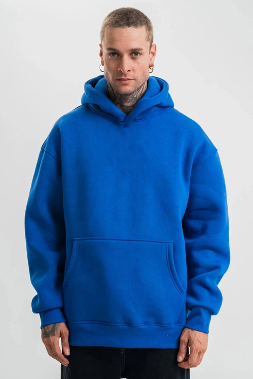 Saks Mavi Double Oversize 3 İplik Pamuklu Kapüşonlu Kanguru Cepli Sweatshirt Hoodie - Saks Mavi
