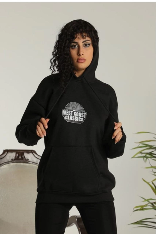 Sırt Baskılı Kapüşonlu Üç İplik Oversize Sweatshirt - Siyah