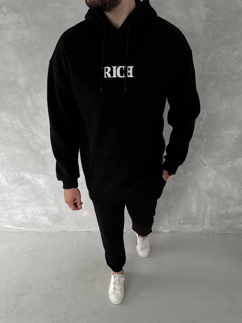 Uzun Kol Kapüşonlu Göğüs Baskılı SweatShirt - Siyah