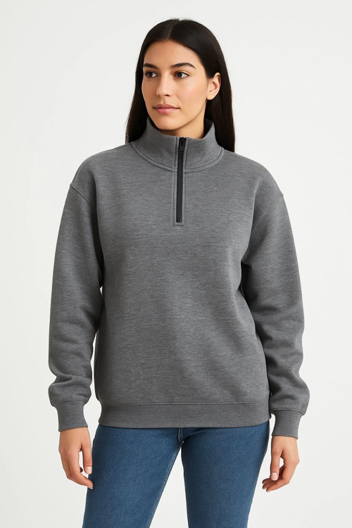 Üç İplik Dık Yaka Yarım Fermuarlı SweatShirt - Antrasit