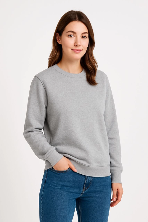 Üç İplik Düz Bisiklet Yaka SweatShirt - Gri