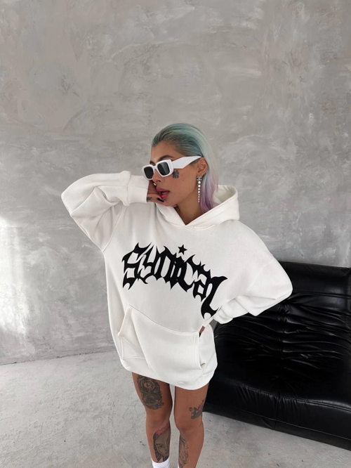 Üç İplik Kapüşonlu Baskılı SweatShirt - Beyaz