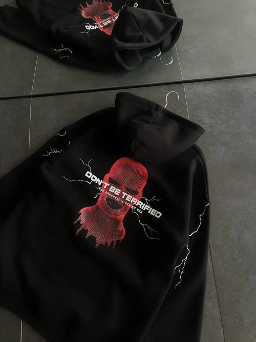 Üç İplik Kapüşonlu Baskılı Oversize SweatShirt- Siyah