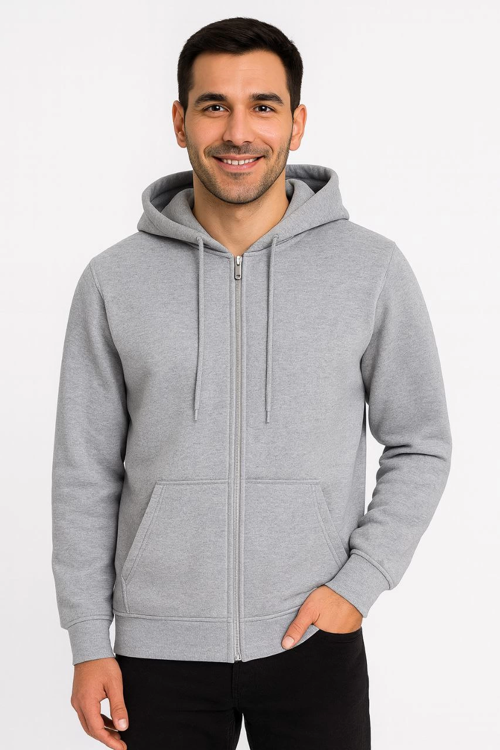 Üç İplik Kapüşonlu Tam Fermuarlı Kanguru Çepli SweatShirt Hoodie - Gri