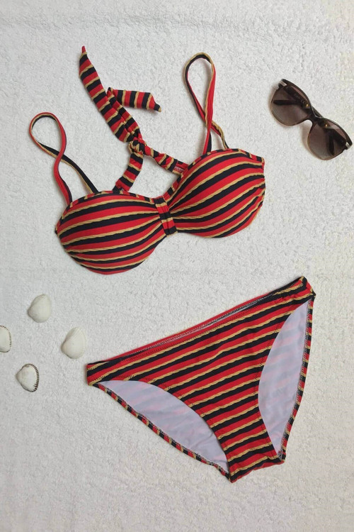 Straplez Destekli Push-Up Çizgili Kırmızı Bikini Takımı