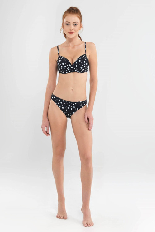 Çıkartılabilir Destekli Puantiye Baskılı Siyah Bikini Takım