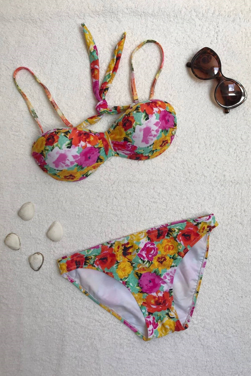 Straplez Destekli Push-Up Çiçek Desenli Bikini Takımı
