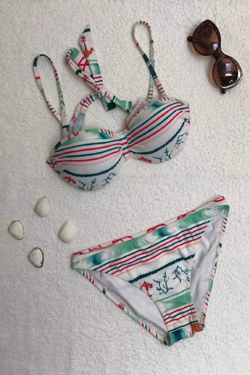 Straplez Destekli Push-Up Desenli Beyaz Bikini Takımı