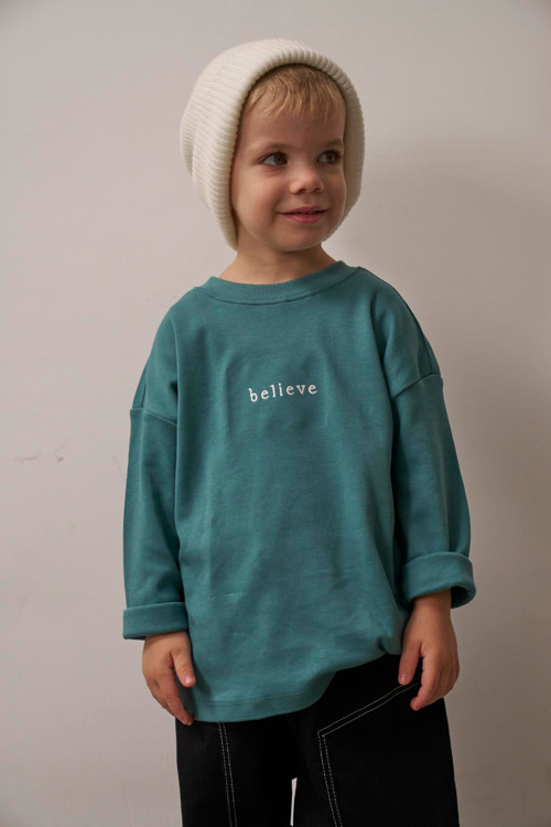 Yeşil Nakışlı Oversize Uzun Kollu T-shirt