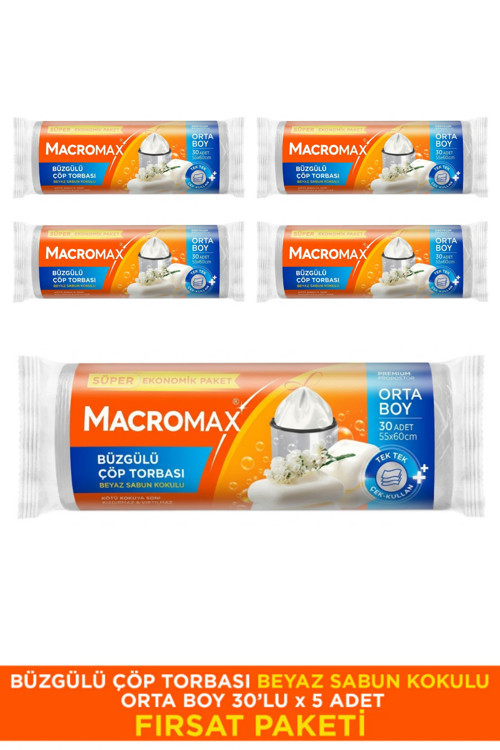 Büzgülü Beyaz Sabun Kokulu Çöp Torbası Orta Boy 5 Paket (30'lu) Kokulu Çöp Poşeti