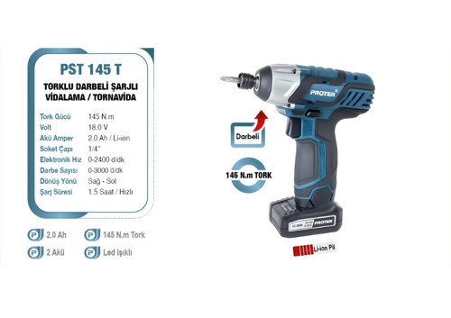 PST 145 T 18 V 2.0 Ah 145 N.m Tork Li-ion Şarjılı Darbeli Vidalama P1EA105