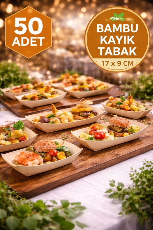 50'li Pkt Büyük Bambu Kayık Tadım Tabağı 17x9 cm – Kokteyl Sunum Tabağı Catering Parti Servis Tabak