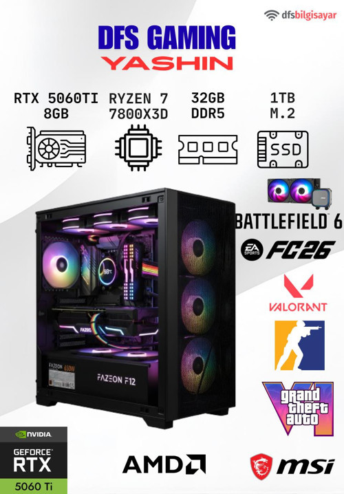 DFS GAMING YASHIN RYZEN 7 7800X3D-B650M-RTX 5060 TI 8GB-32GB DDR5 RAM-1TB M.2 SSD-MASAÜSTÜ OYUNCU BİLGİSAYARI