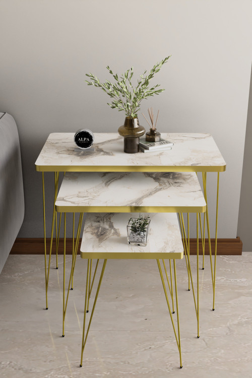 3'lü Gold Tel Ayaklı Dikdörtgen Zigon Sehpa Takımı - Modern Salon ve Yan Sehpa Seti
