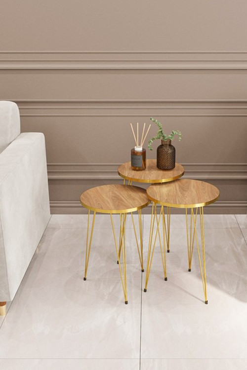 3'lü Gold Tel Ayaklı Yuvarlak Zigon Sehpa Takımı - Modern Salon ve Yan Sehpa Seti