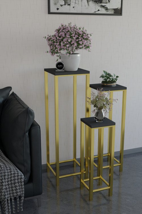 Modern 3'lü Metal Ayaklı Saksılık Dekoratif Çiçeklik Çok Amaçlı Yan Sehpa