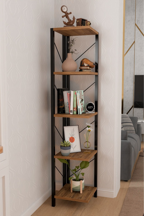 150 cm 5 Raflı Metal Köşe Kitaplık | Salon Dekoratif Çiçeklik Aksesuar Rafı