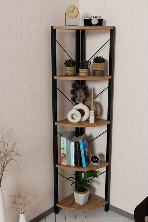 150 cm 5 Raflı Metal Köşe Kitaplık - Salon Dekoratif Çiçeklik ve Aksesuar Standı