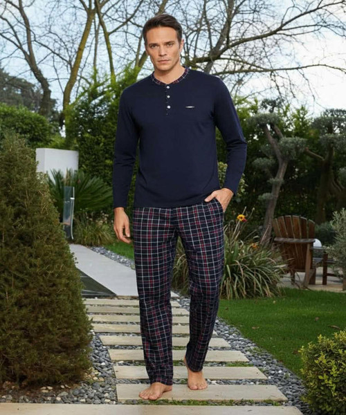 Erkek Standart Kalıp Pamuklu Düğme Yaka Uzun Kol Baharlık Pijama Takımı 6300/8L - 1 Adet