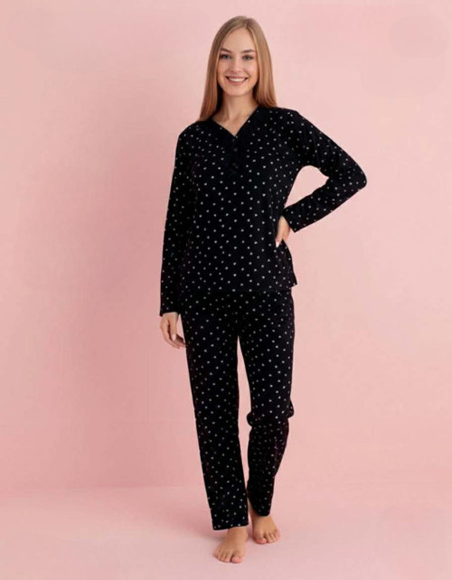 Kadın Bambu Baharlık Dantel Yaka Uzun Kol İnce Pijama Takımı 5211S - 1 Adet