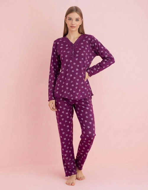Kadın Bambu Baharlık Dantel Yaka Uzun Kol İnce Pijama Takımı 5206M - 1 Adet