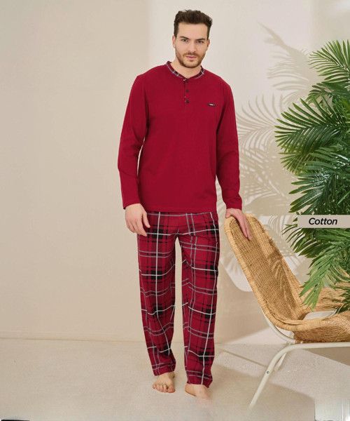Erkek Standart Kalıp Pamuklu Düğme Yaka Uzun Kol Baharlık Pijama Takımı 6300/5KK - 1 Adet
