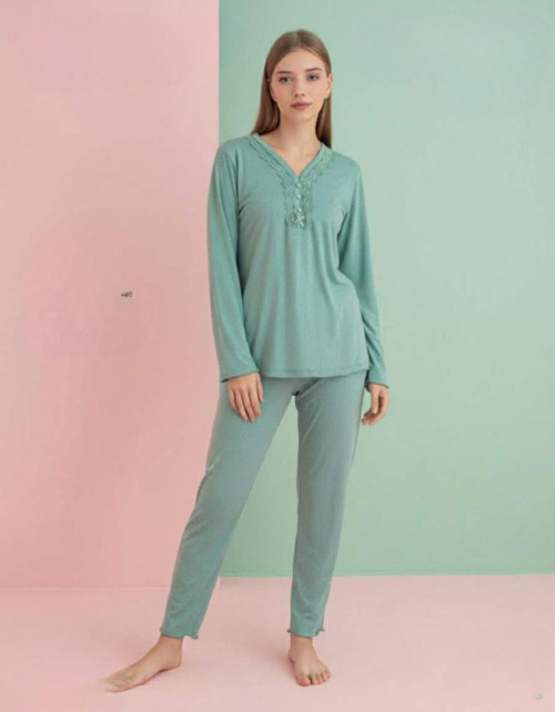 Kadın Bambu Baharlık Dantel Yaka Uzun Kol İnce Pijama Takımı 5208Y - 1 Adet