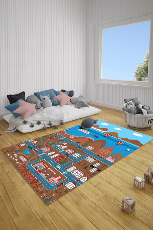 Dijital Baskılı Trafik Yol Desenli Yıkanabilir Kaymaz Taban Çocuk Odası Halısı