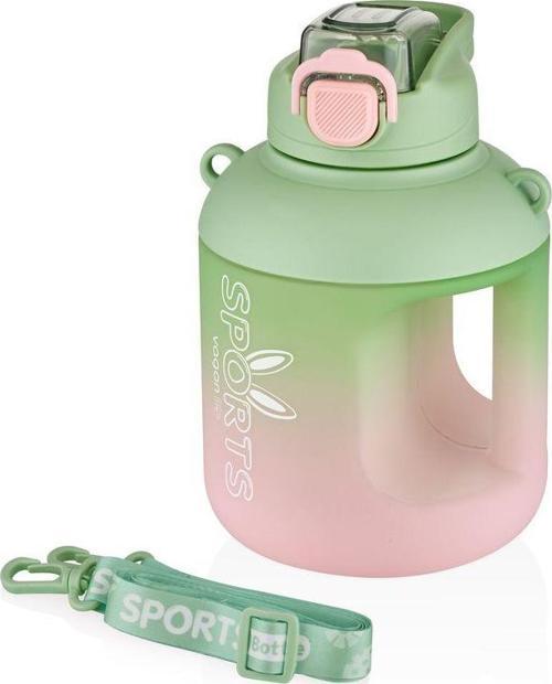 1100ml Çift Renk Pipetli Taşıma Askılı ve Kulplu Motivasyon Su Matarası Sticker Hediyeli