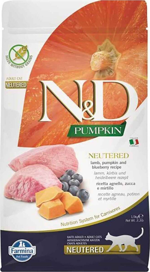 Pumpkin Kuzu Etli, Balkabaklı ve Yaban Mersinli Tahılsız Kısırlaştırılmış Kedi Maması 1.5 Kg