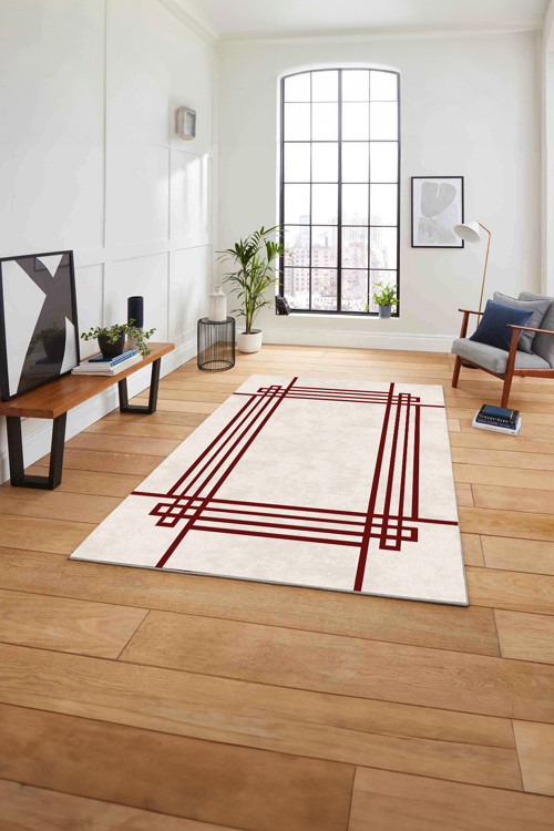 Çerçeveli Geometrik Motifli Yıkanabilir Kaymaz Taban Yolluk Mutfak Salon Halısı