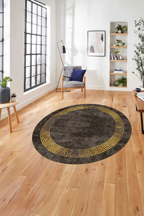 Çerçeveli Modern Baskılı Yıkanabilir Kaymaz Taban Yuvarlak Salon Halısı