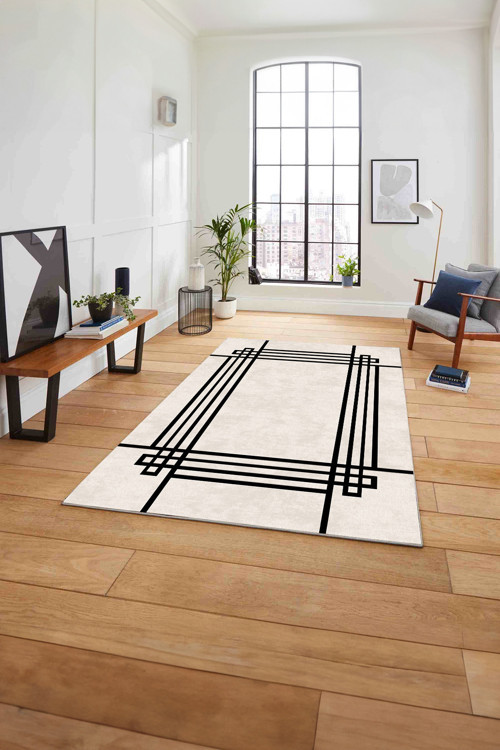 Çerçeveli Geometrik Motifli Yıkanabilir Kaymaz Taban Yolluk Mutfak Salon Halısı