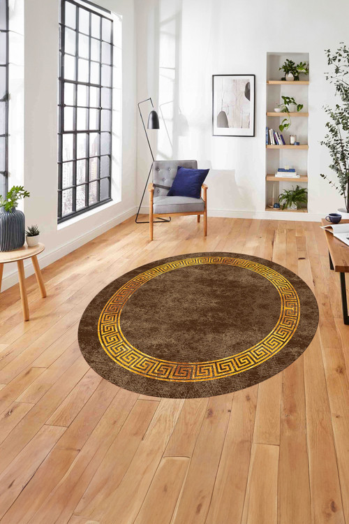 Çerçeveli Modern Baskılı Yıkanabilir Kaymaz Taban Yuvarlak Salon Halısı