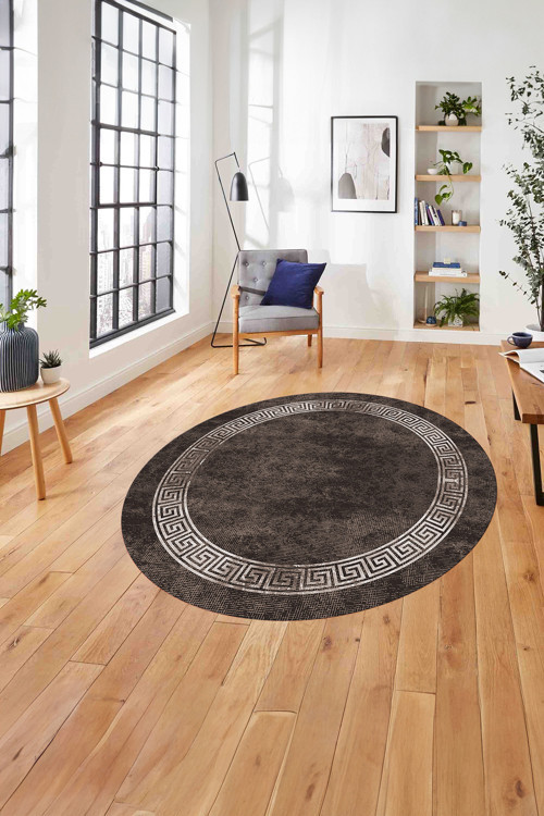 Çerçeveli Modern Baskılı Yıkanabilir Kaymaz Taban Yuvarlak Salon Halısı